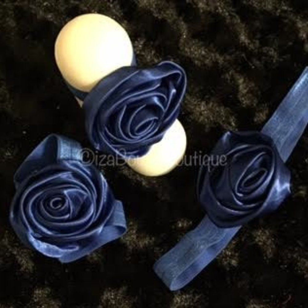 Royal Blue Rosette Flower Barefoot Sandals & Headband Set    BS030 Handmade NWT